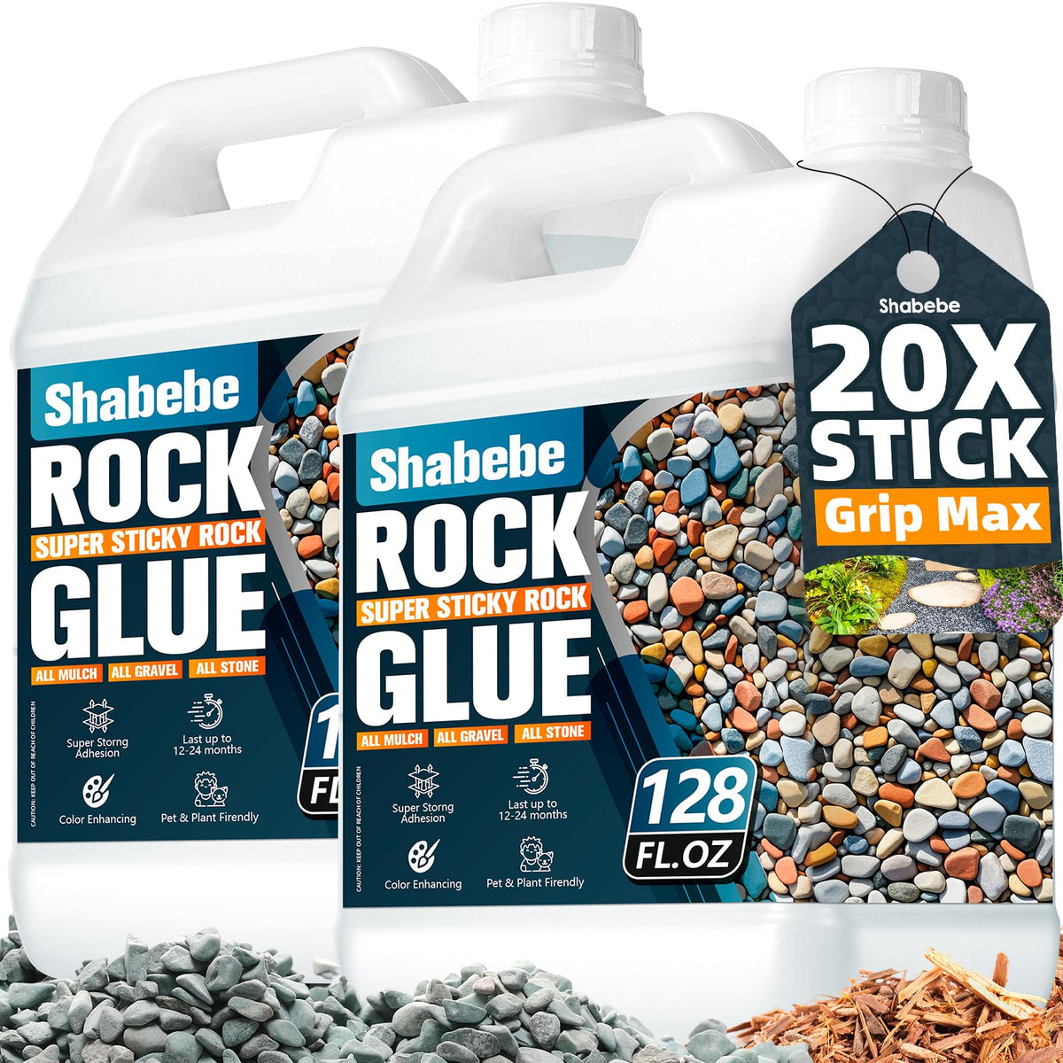Shabebe Rock Glue bottle with Grip Max showing strong adhesion for landscaping.