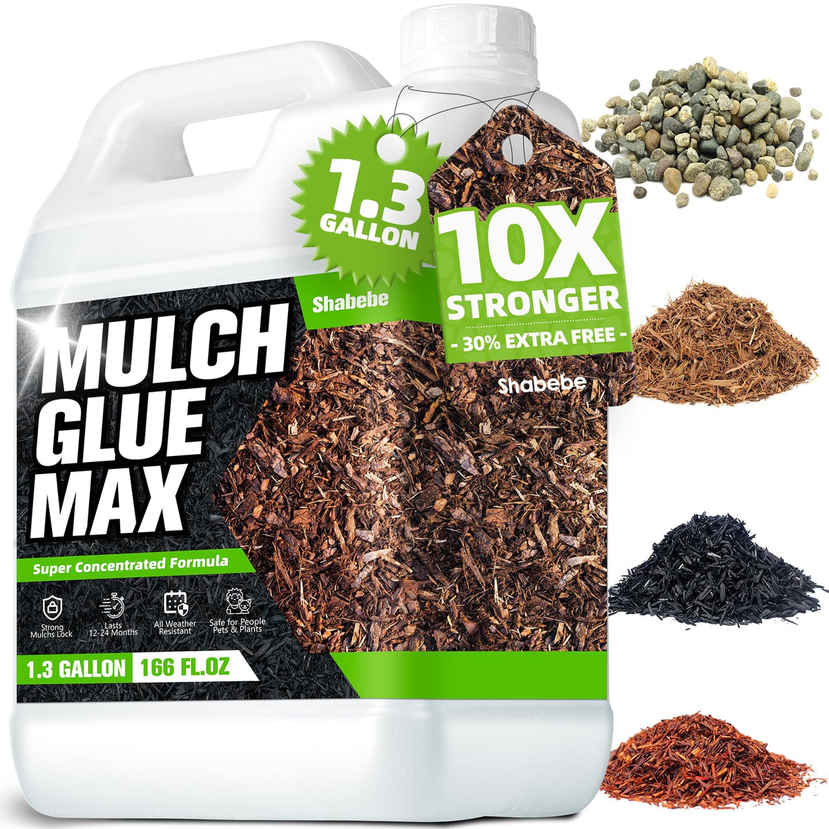 Shabebe Rock & Mulch Glue bottle ready for DIY landscape binding of mulch and gravel.