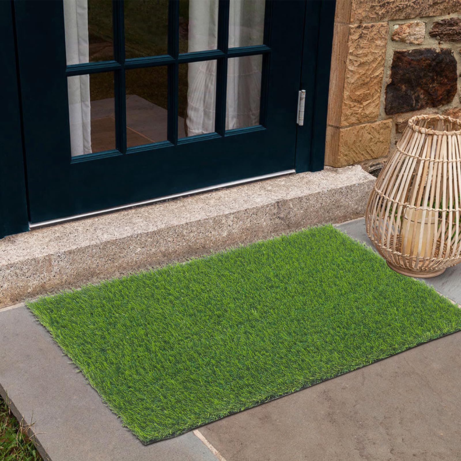SHACOS door mat front view shows lush artificial turf for entryways