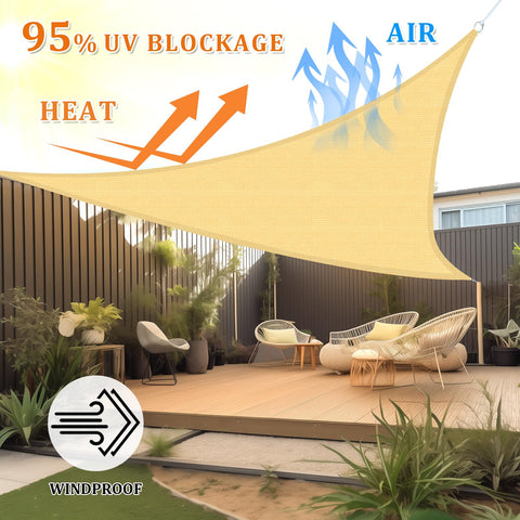 Shade&Beyond triangle sun sail 12x12x12 installed over patio provides cool shade.