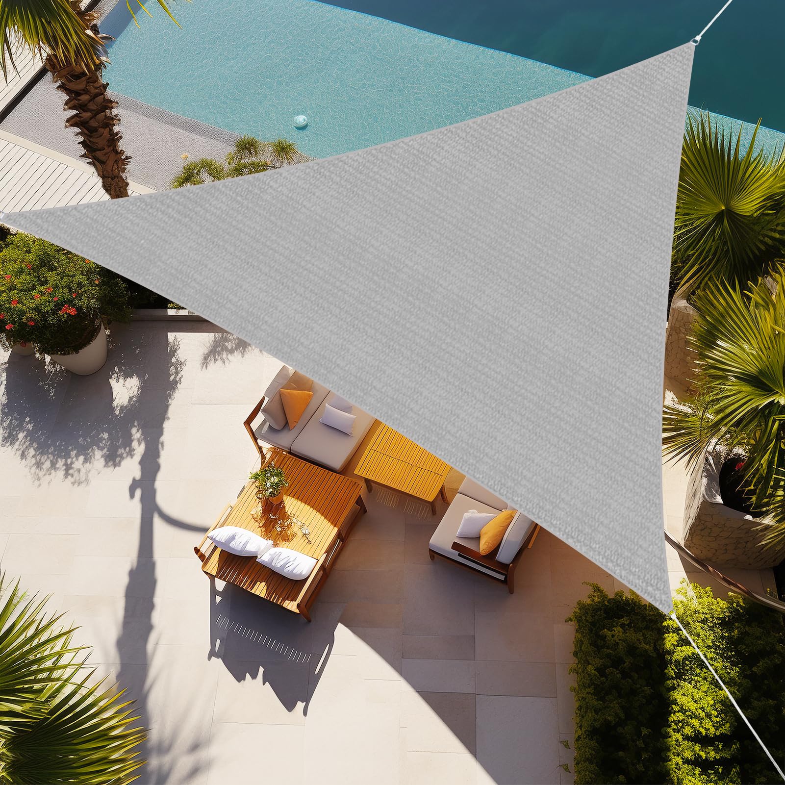 Shade&Beyond triangle sun shade sail in light grey over a patio for breathable shade