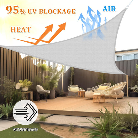 View of Shade&Beyond triangle shade sail on a patio with clear spaces