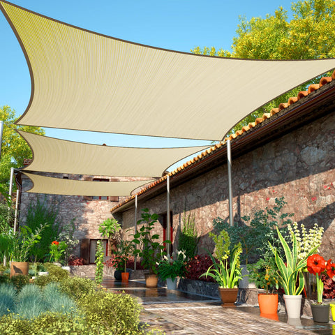 ShadeMart 14x14 beige shade sail front view showing wide coverage for sunny patios