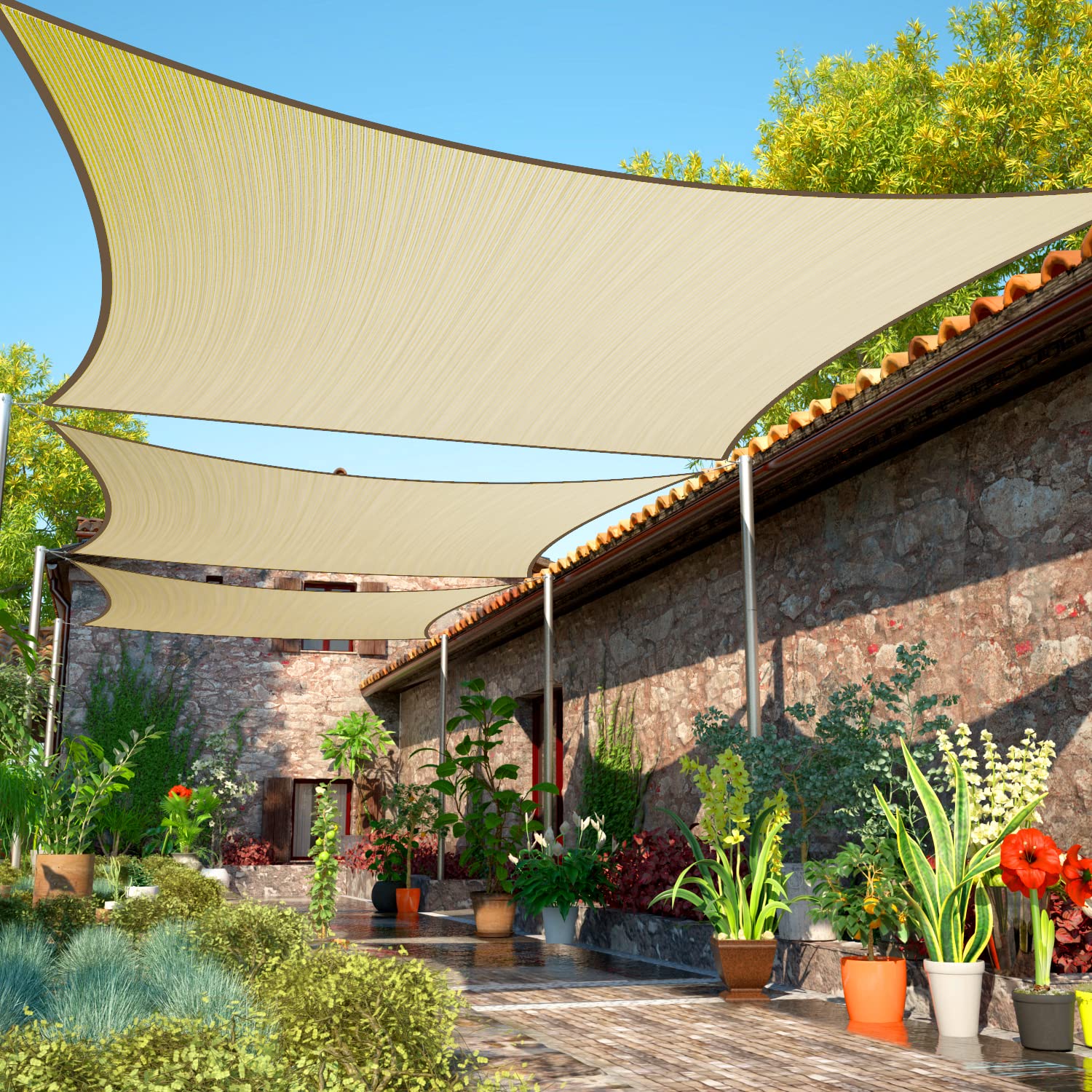 ShadeMart patio setup with beige shade sail provides cool, comfortable outdoor shade.