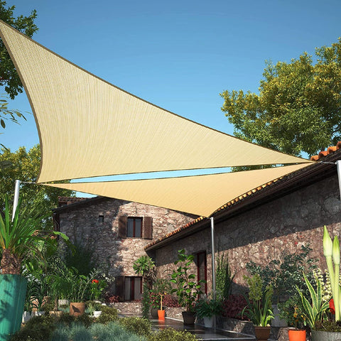 ShadeMart beige triangle sun sail angle view with UV protection and air flow.
