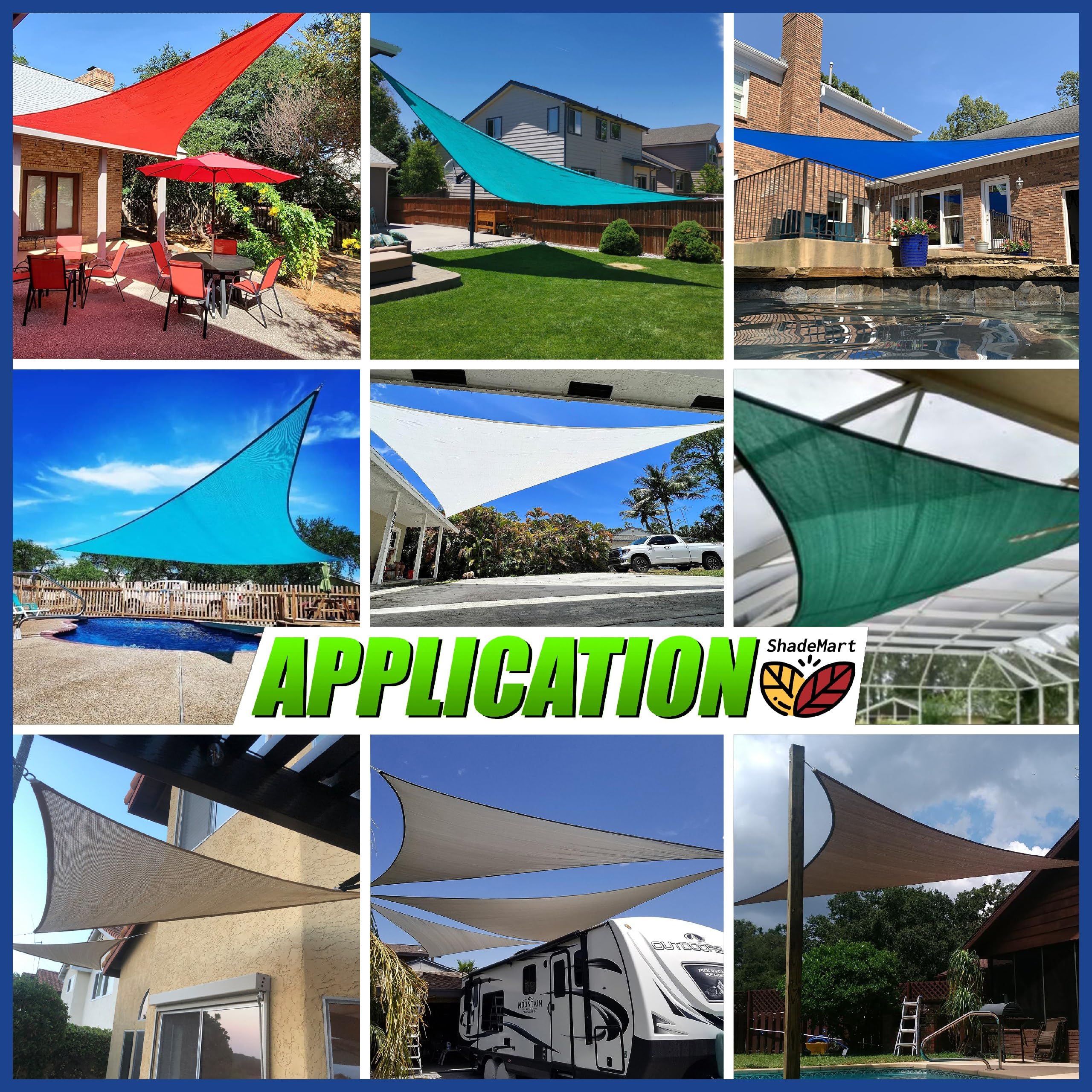 ShadeMart sun sail beige fabric demonstrates water-permeable design for outdoor shade.