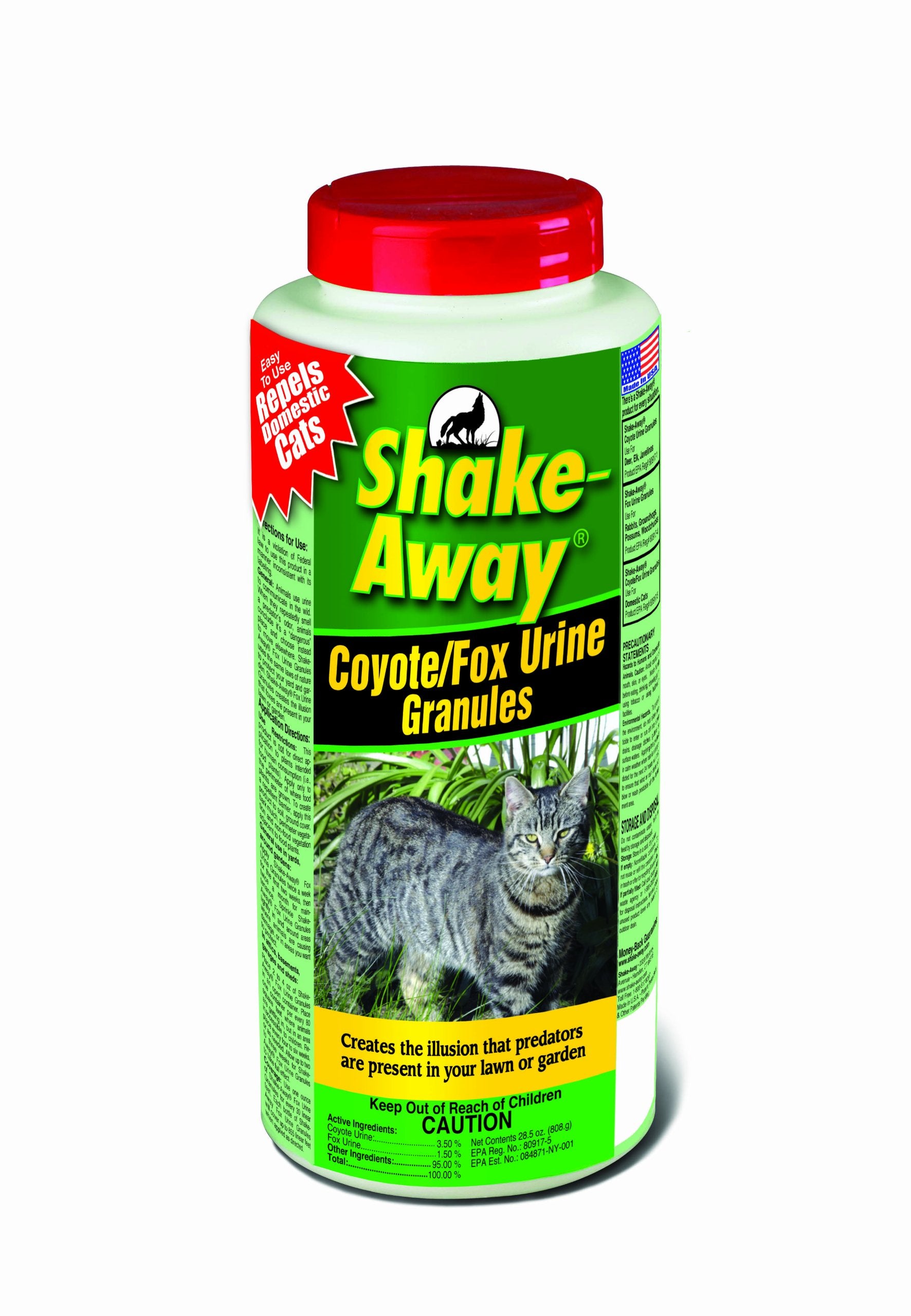 Shake-Away coyote urine granules bottle deters cats and garden pests using predator scent