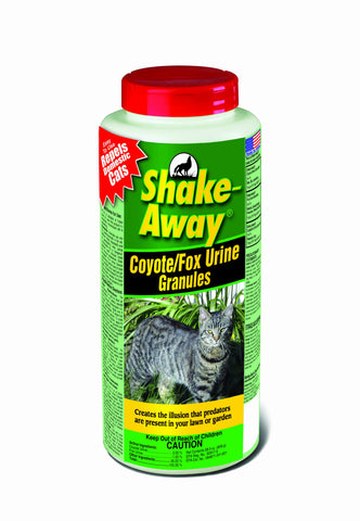 Shake-Away coyote urine granules bottle deters cats and garden pests using predator scent