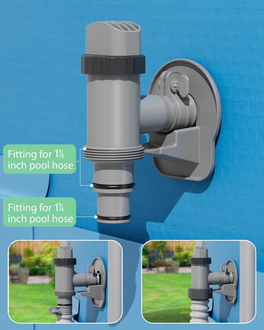 SHAPON above-ground pool setup with hose holders and valves