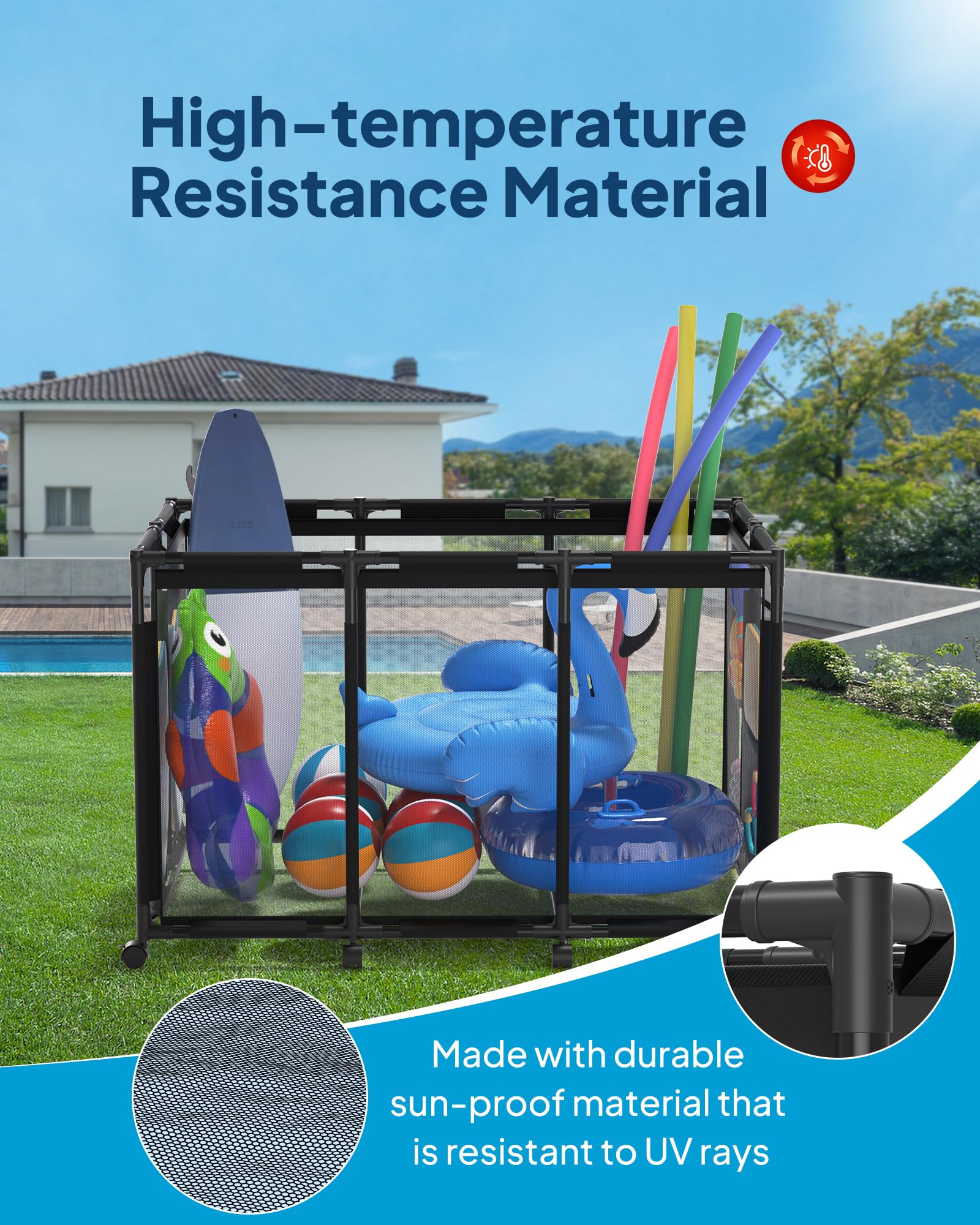 SHAPON pool storage bin rolling cart enables easy mobility across the pool deck