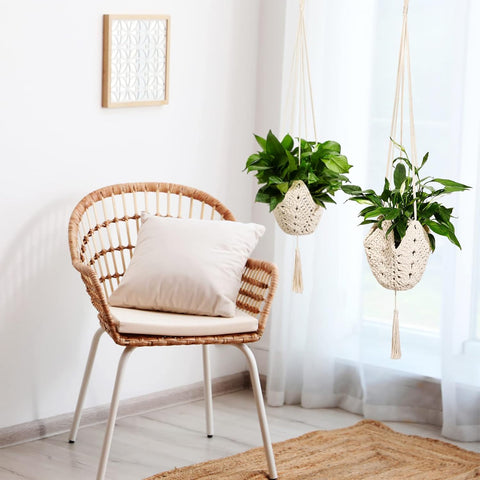 Shappy boho white plant hanger enhances wall or ceiling decorative display.