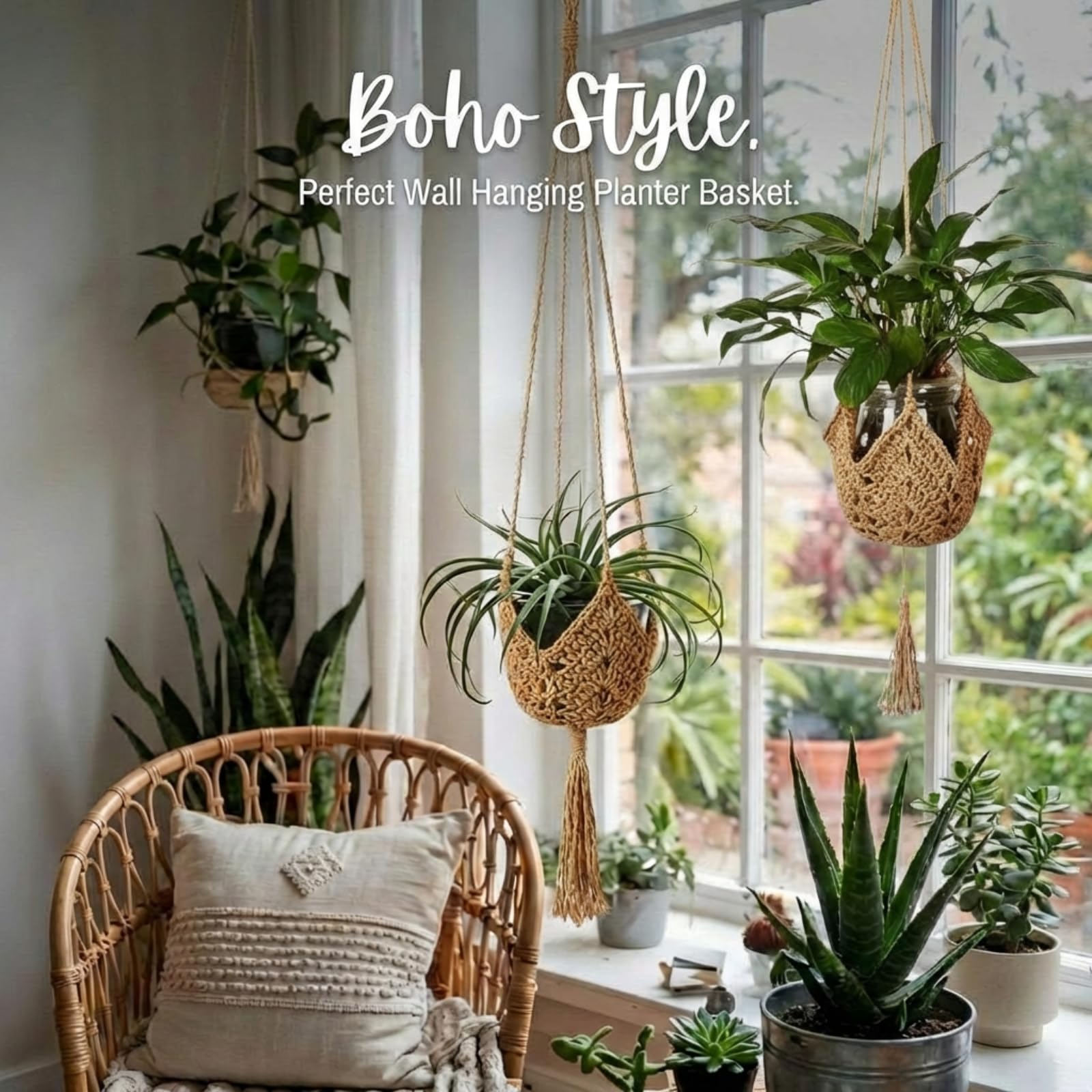 Shappy boho woven plant hanger designed for 3-12 inch pots.