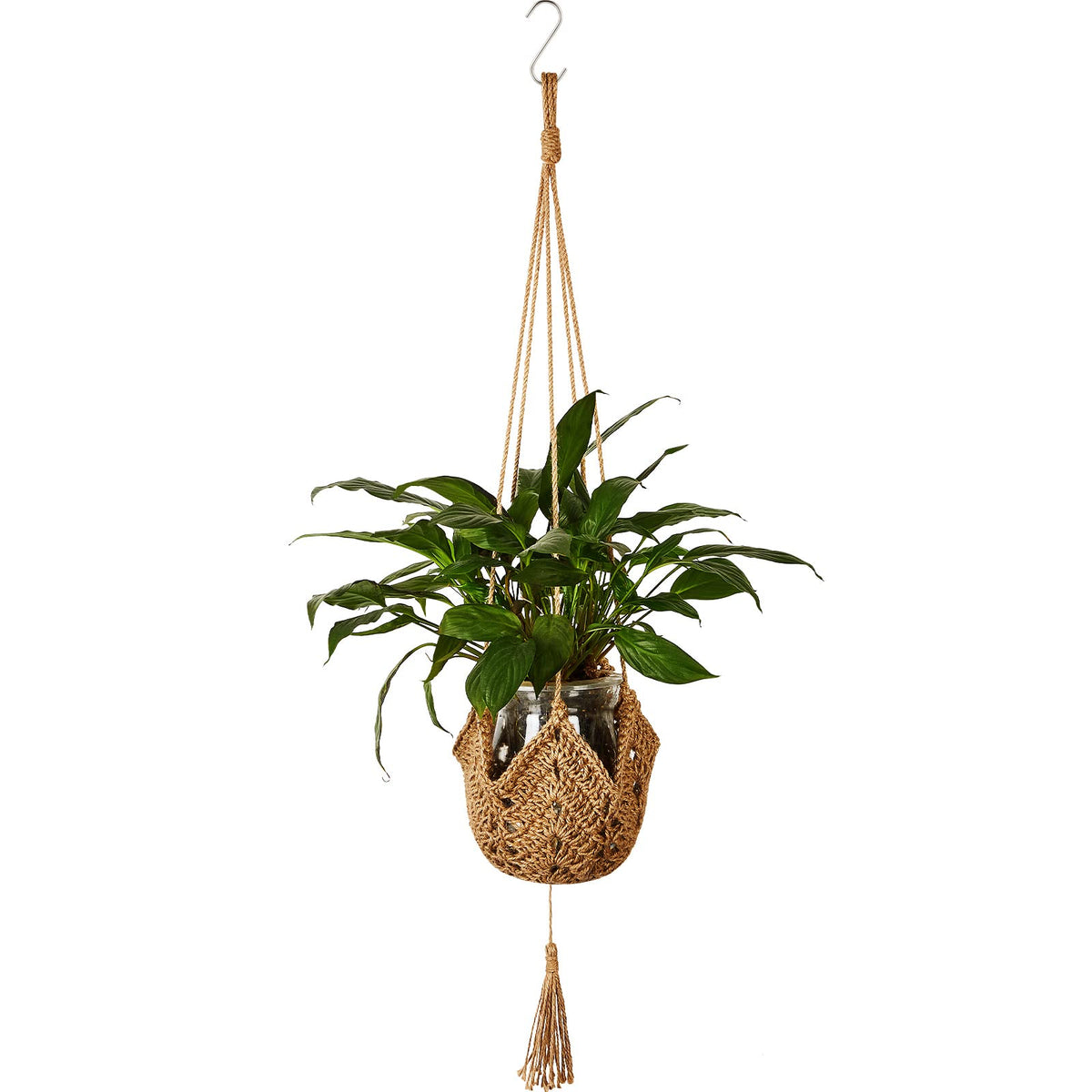 Shappy brown jute crochet plant hanger, 105cm, ideal for indoor display.