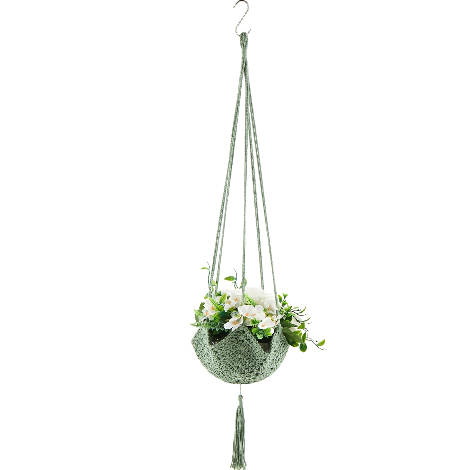 Shappy jute crochet long plant hanger in sage green; fits 3-12 inch pots and saves space.