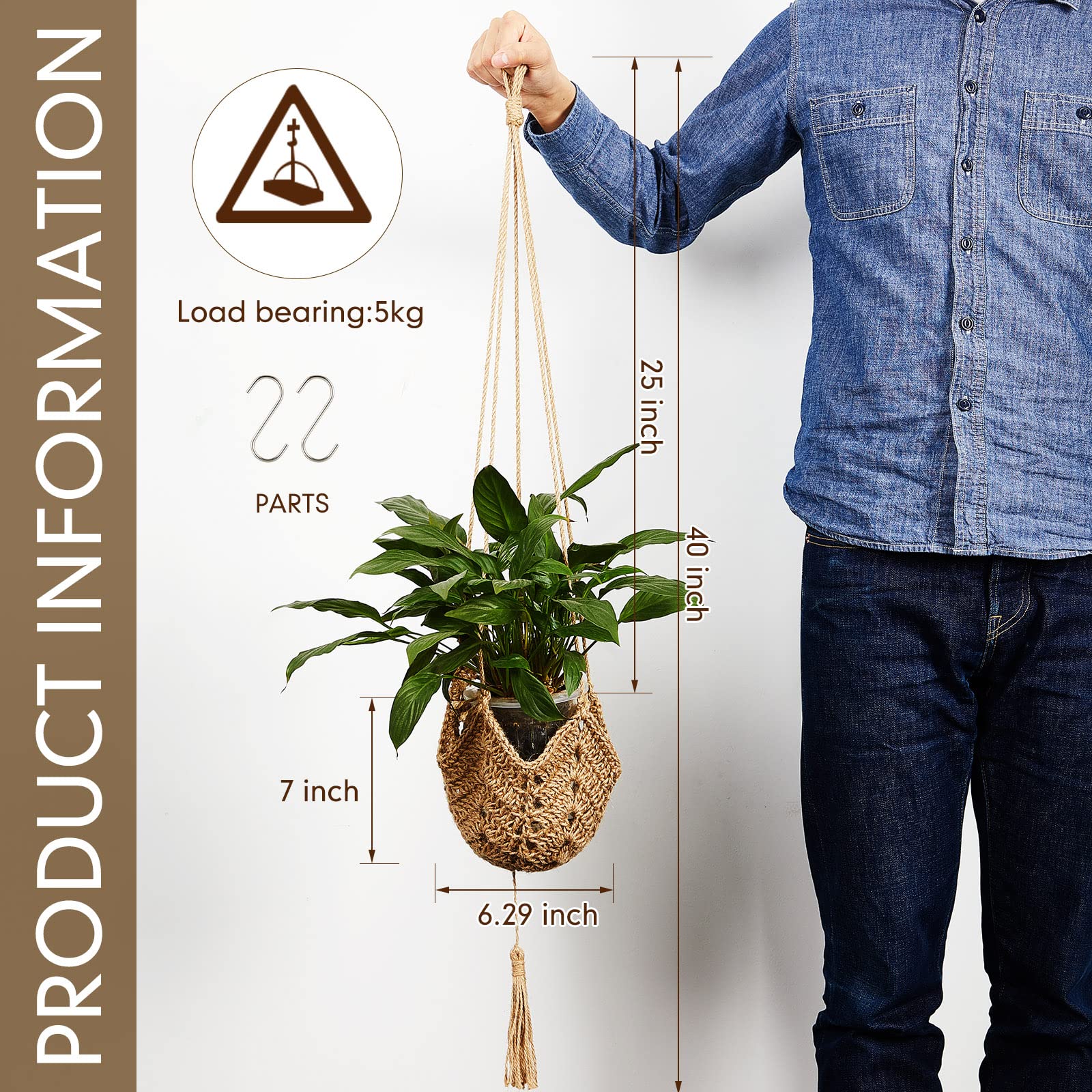 Shappy macrame plant holder with S-shaped hooks for easy hanging installation.