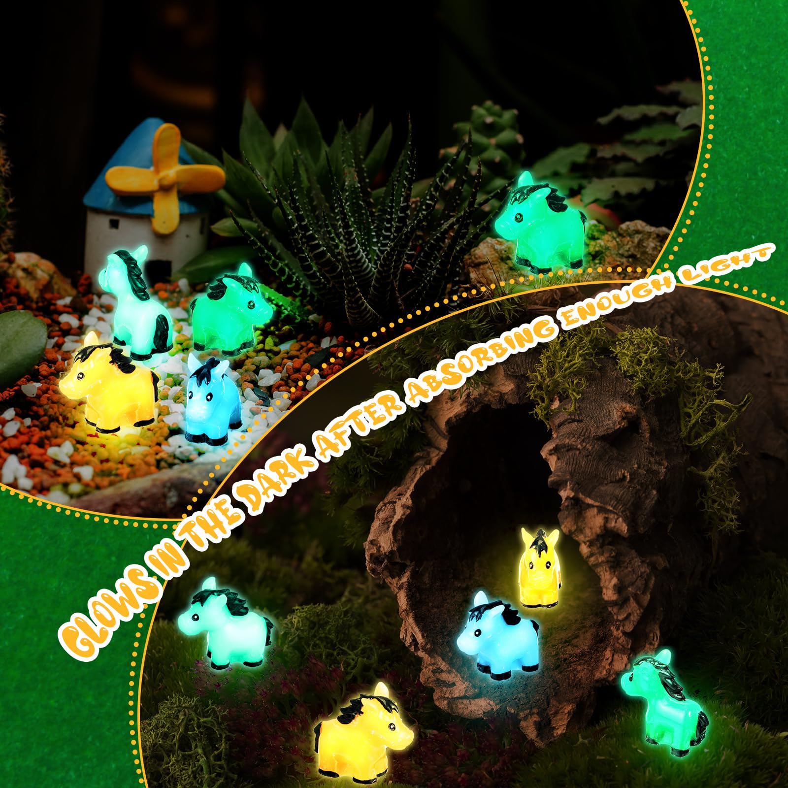Shappy terrarium-friendly figures brighten moss landscapes with a soft glow