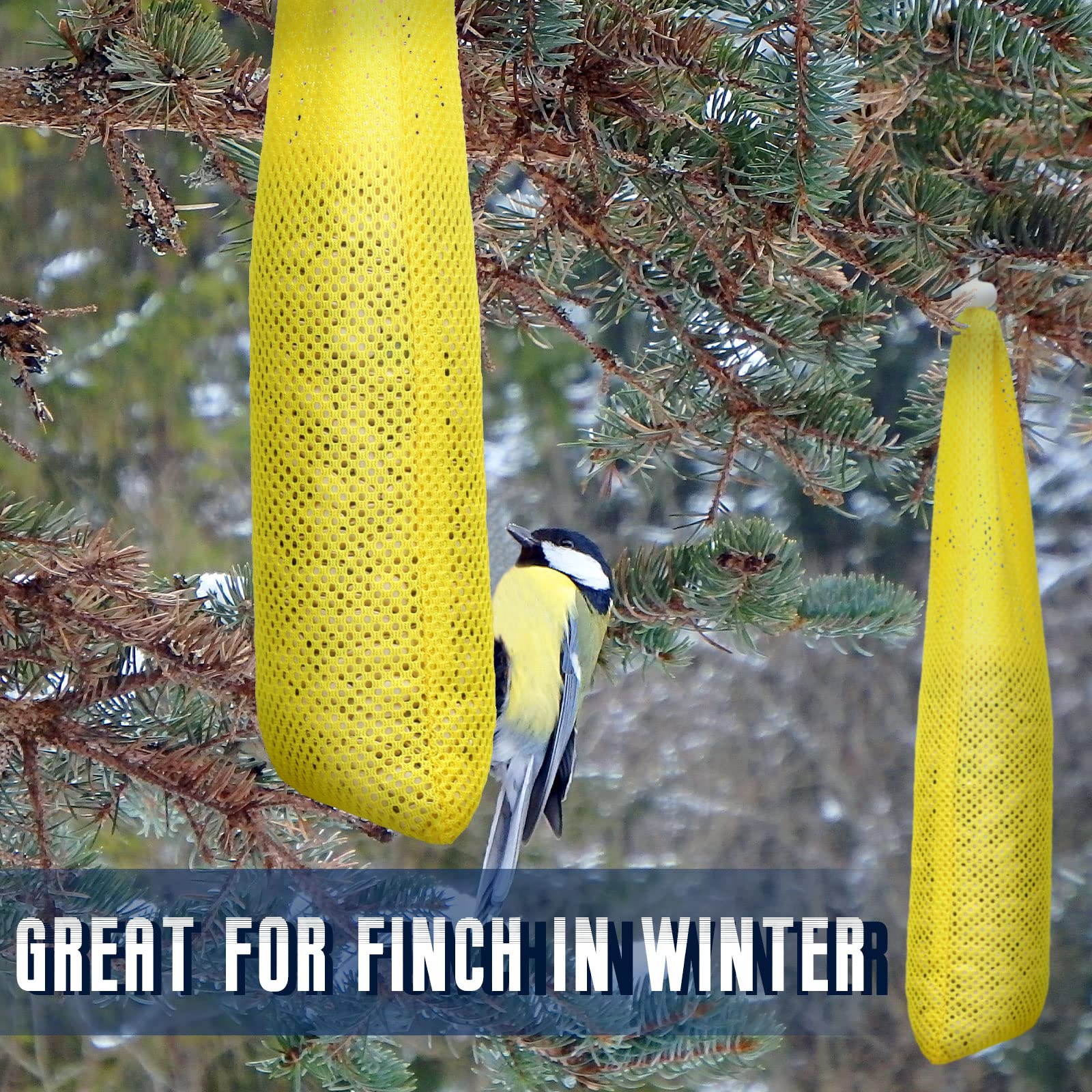 Shappy thistle seed sack feeder outdoors hanging, weather-ready for long-term use.