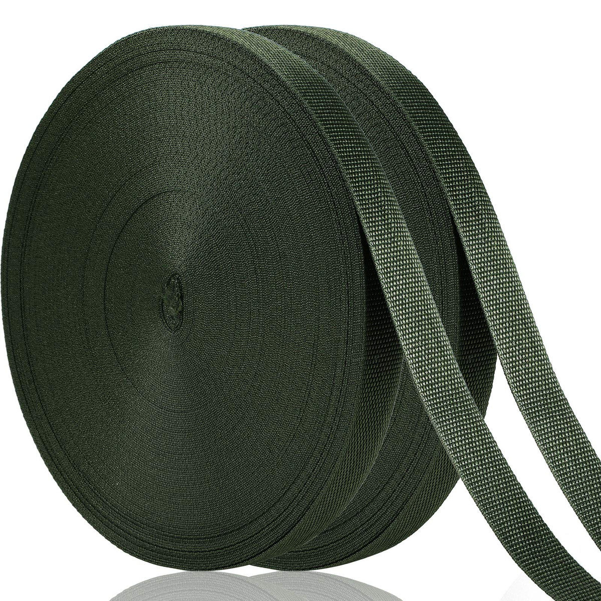 Shappy tree tie strap dark green roll closeup showcases durable polyester webbing for garden stakes