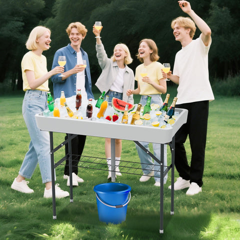 SHAREWIN folding ice cooler table dimensions show spacious drink trough