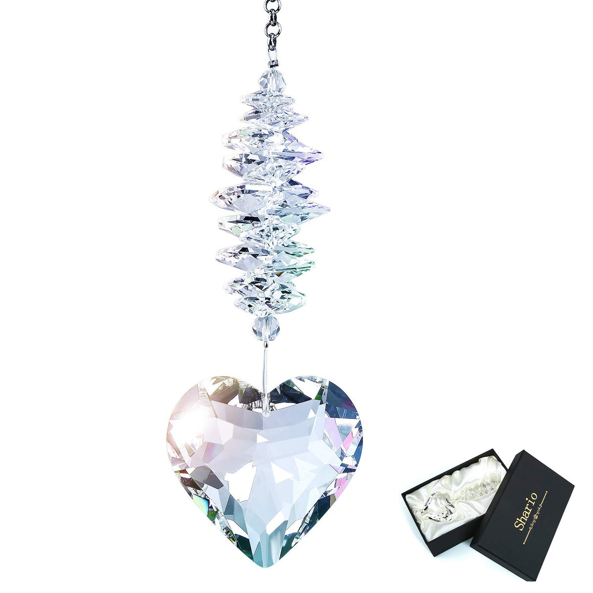 Shario 45mm clear glass heart suncatcher window with rainbow light effects.