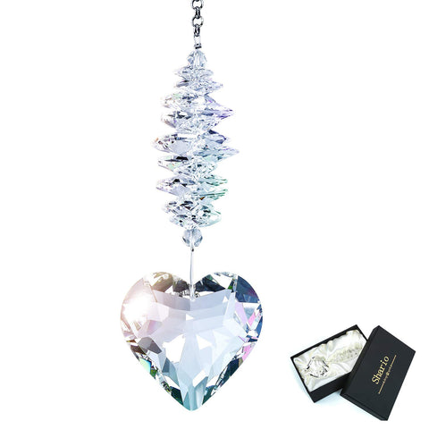 Shario 45mm clear glass heart suncatcher window with rainbow light effects.