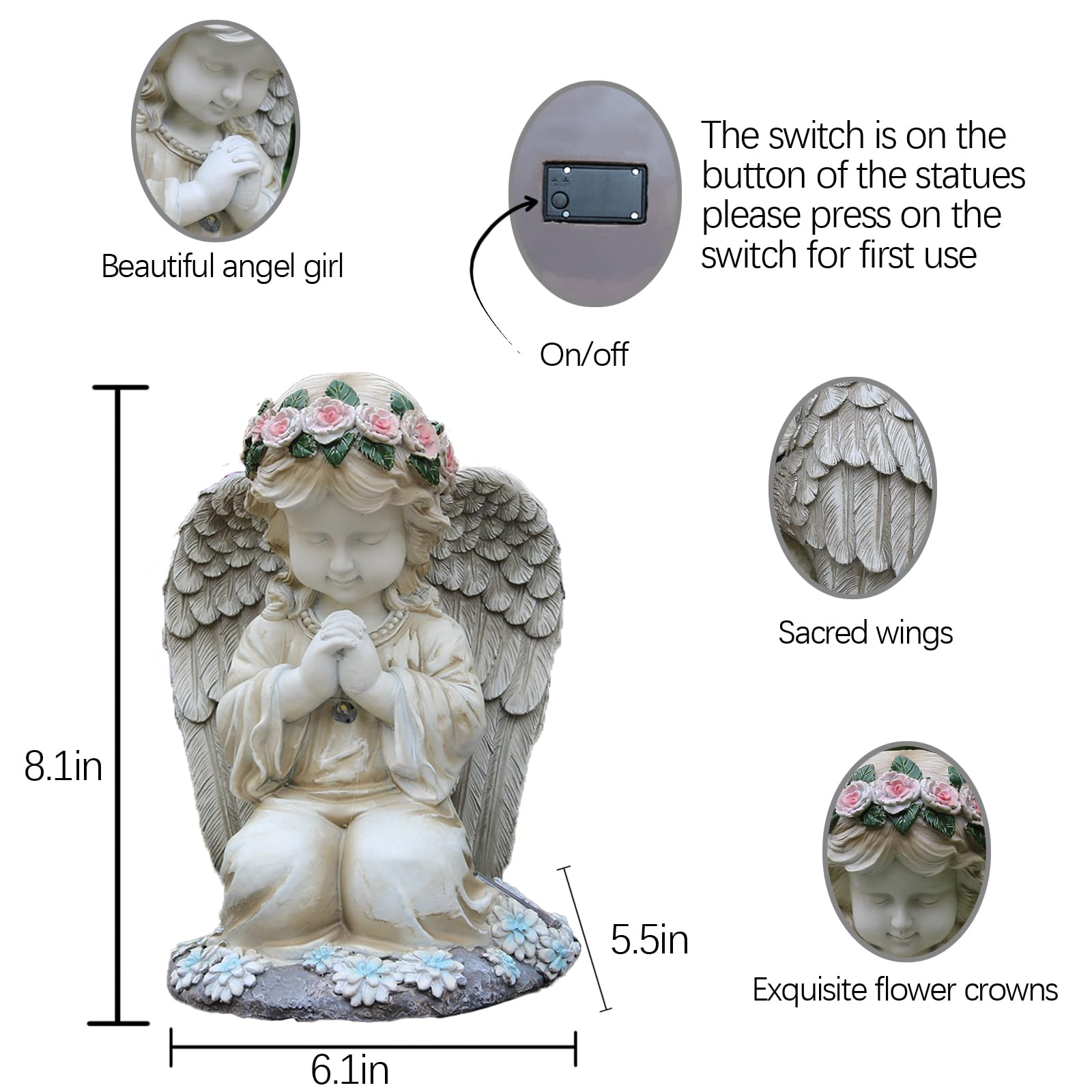 Sharita kneeling angel figure lights up at night, creating warmth