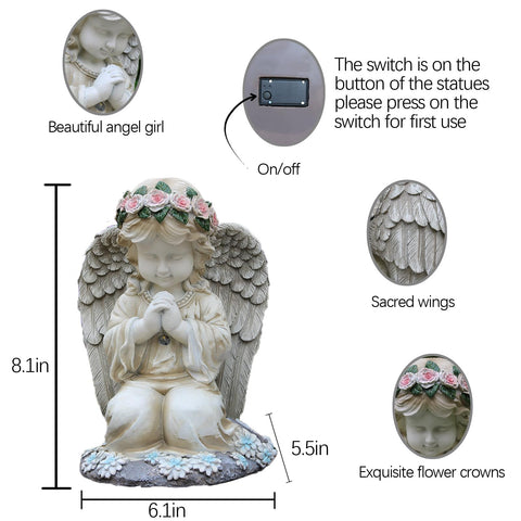 Sharita kneeling angel figure lights up at night, creating warmth