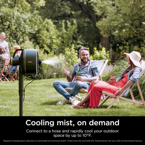 Shark FlexBreeze misting attachment enhances outdoor cooling around patios.