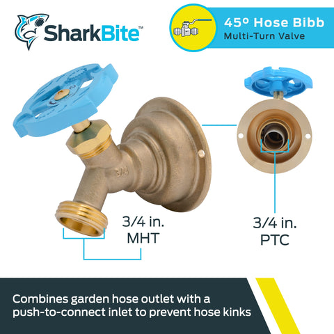 SharkBite 3/4-inch hose bibb outlet shows kink-free garden hose connection.