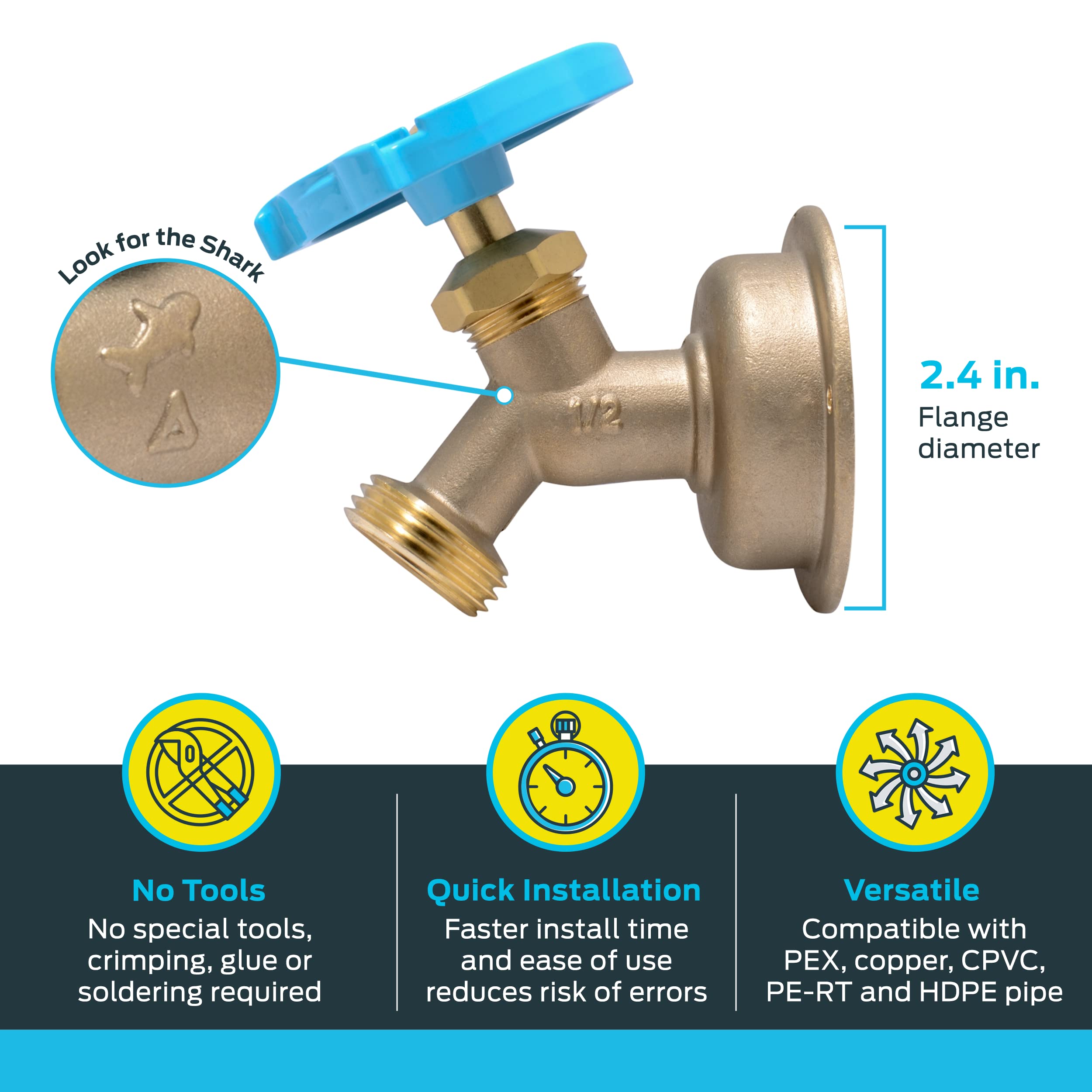 SharkBite brass body closeup emphasizes rugged durability for homes and trades.