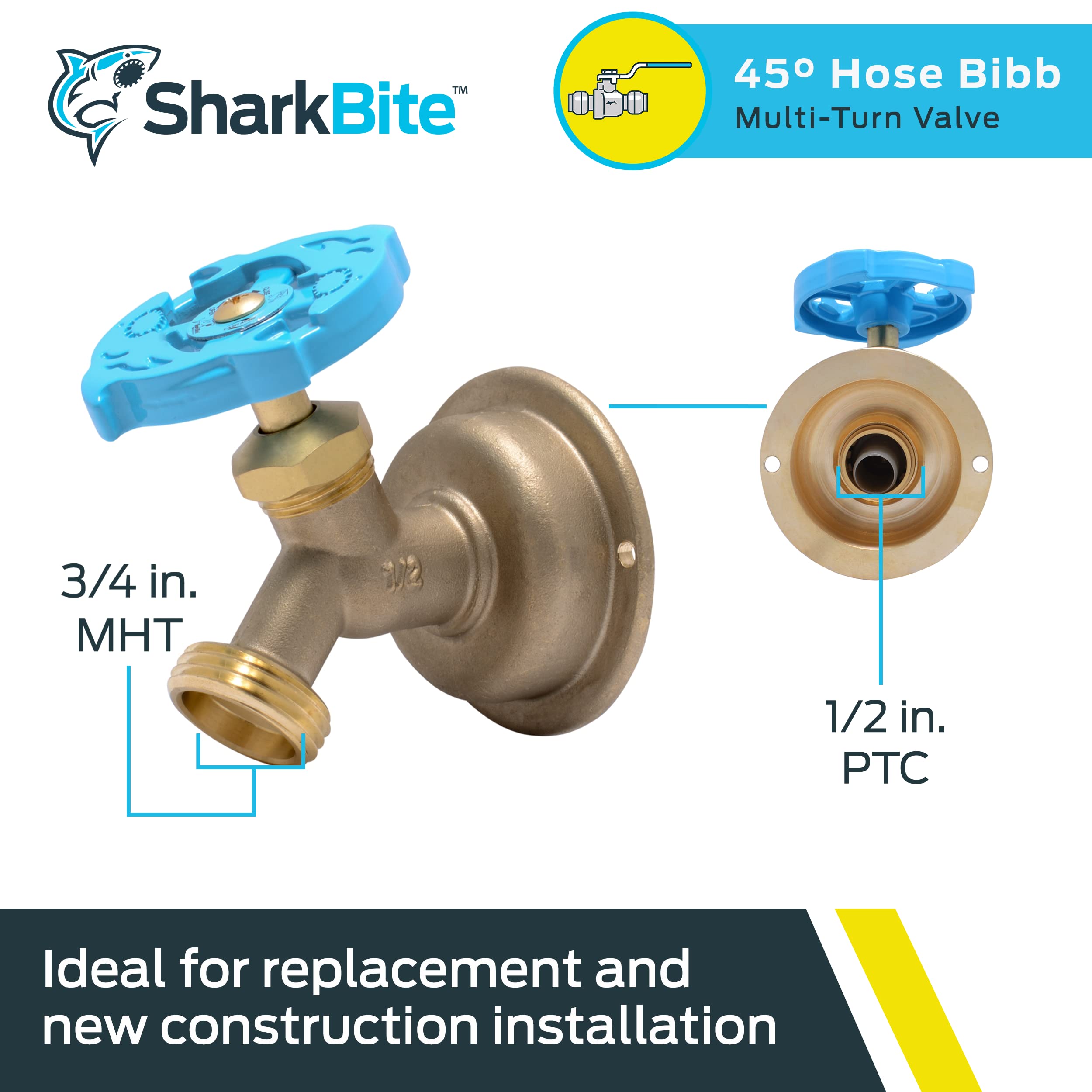 SharkBite push-to-connect inlet detail showing quick, tool-free pipe connections.