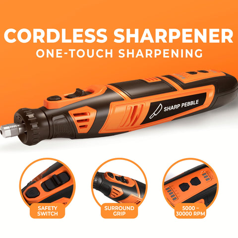 Angle-guide attachment helps maintain correct grinding angle for left- and right-handed users.