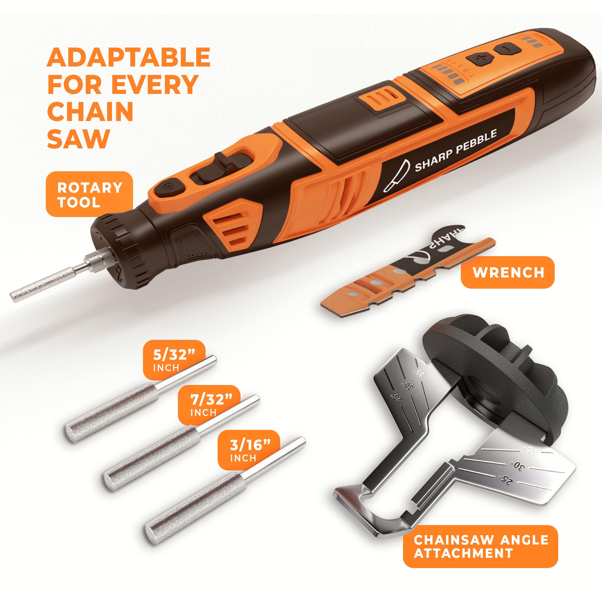 Sharp Pebble cordless sharpener with four file wheels delivers consistent tooth sharpening.