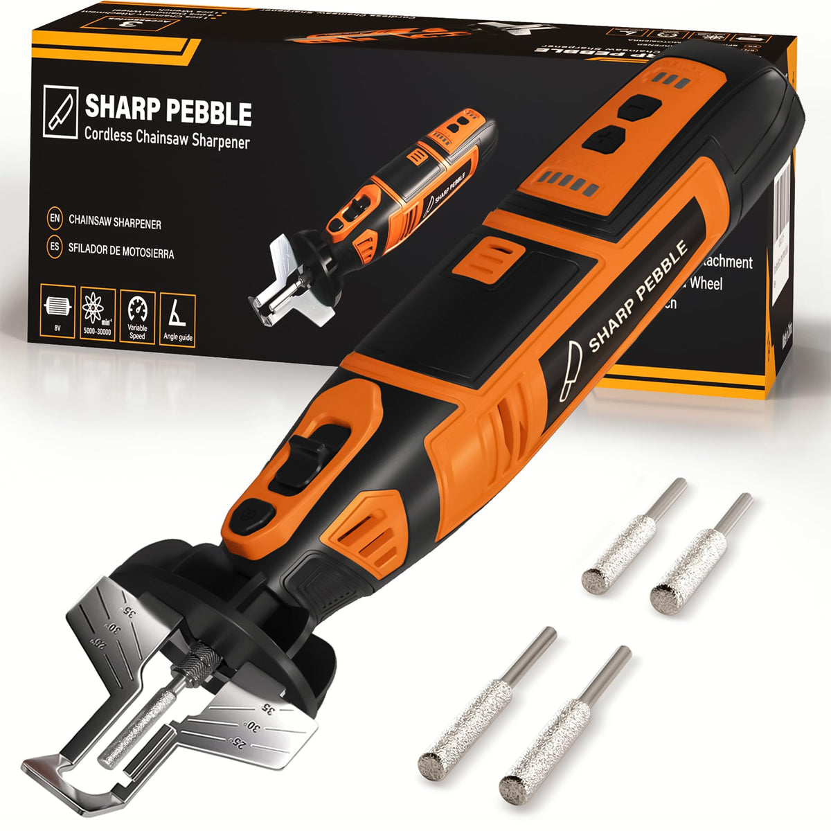 Sharp Pebble cordless chainsaw sharpener with angle guide for precise on-site sharpening.