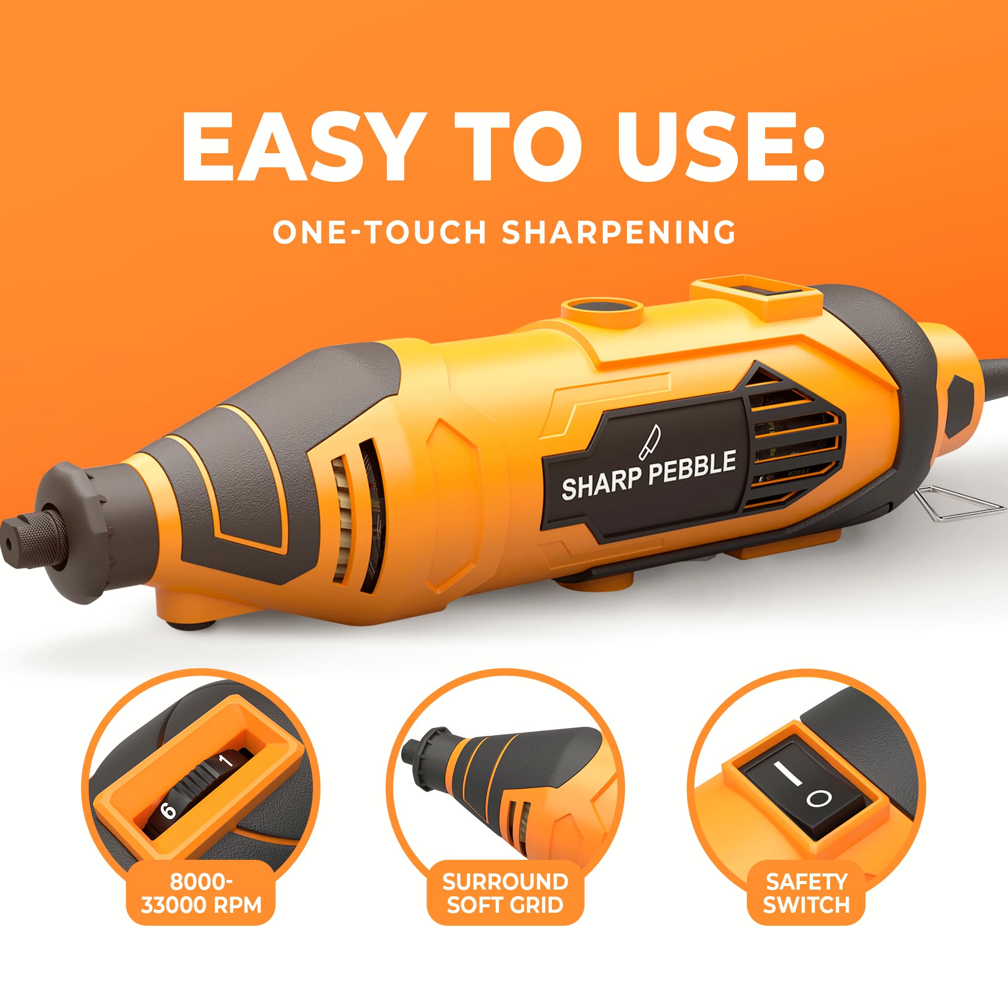 Sharp Pebble wrench ensures secure adjustments during sharpening.