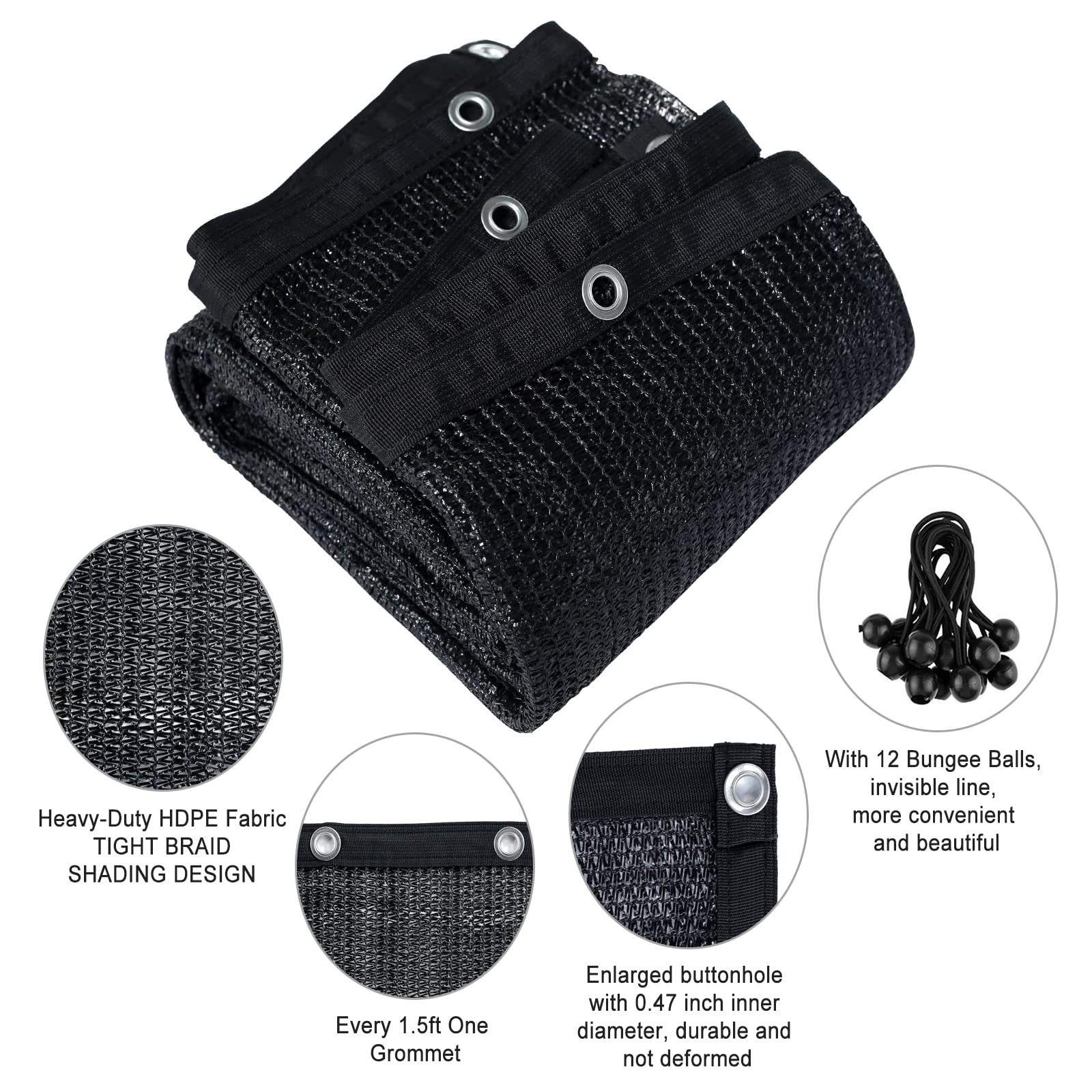 12 bungee balls included with Shatex shade cloth for quick setup