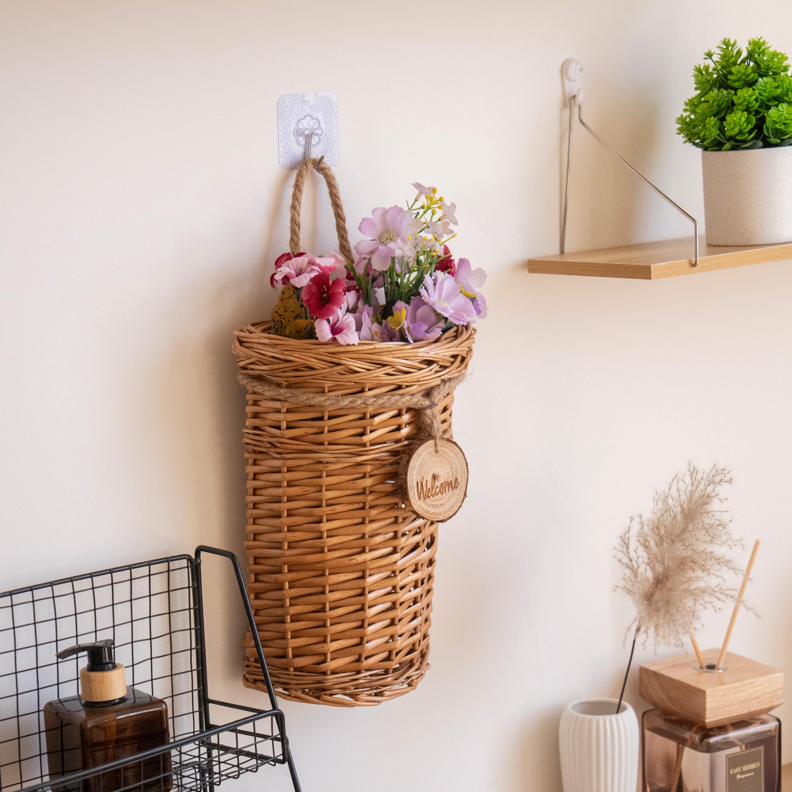 SHCMSADO wicker basket with greenery arrangement for a fresh look.