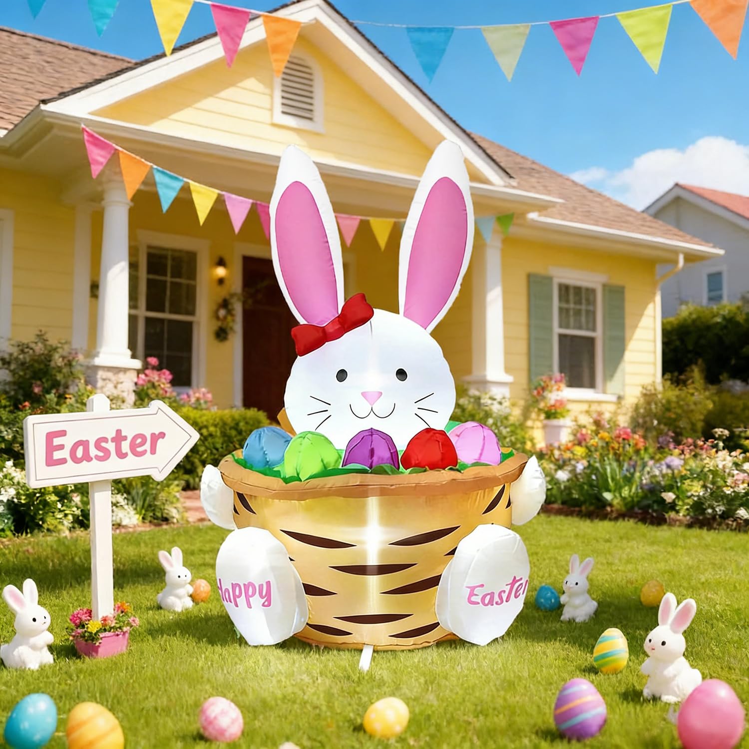 SHDEJTG 3.5FT Flower Basket Bunny inflates into a bright outdoor Easter centerpiece.