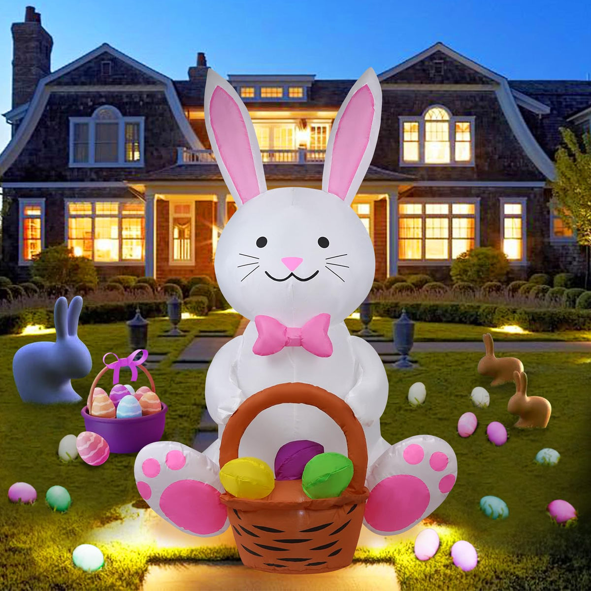 SHDEJTG 5ft Easter Bunny inflatable with basket ready for a festive yard display.