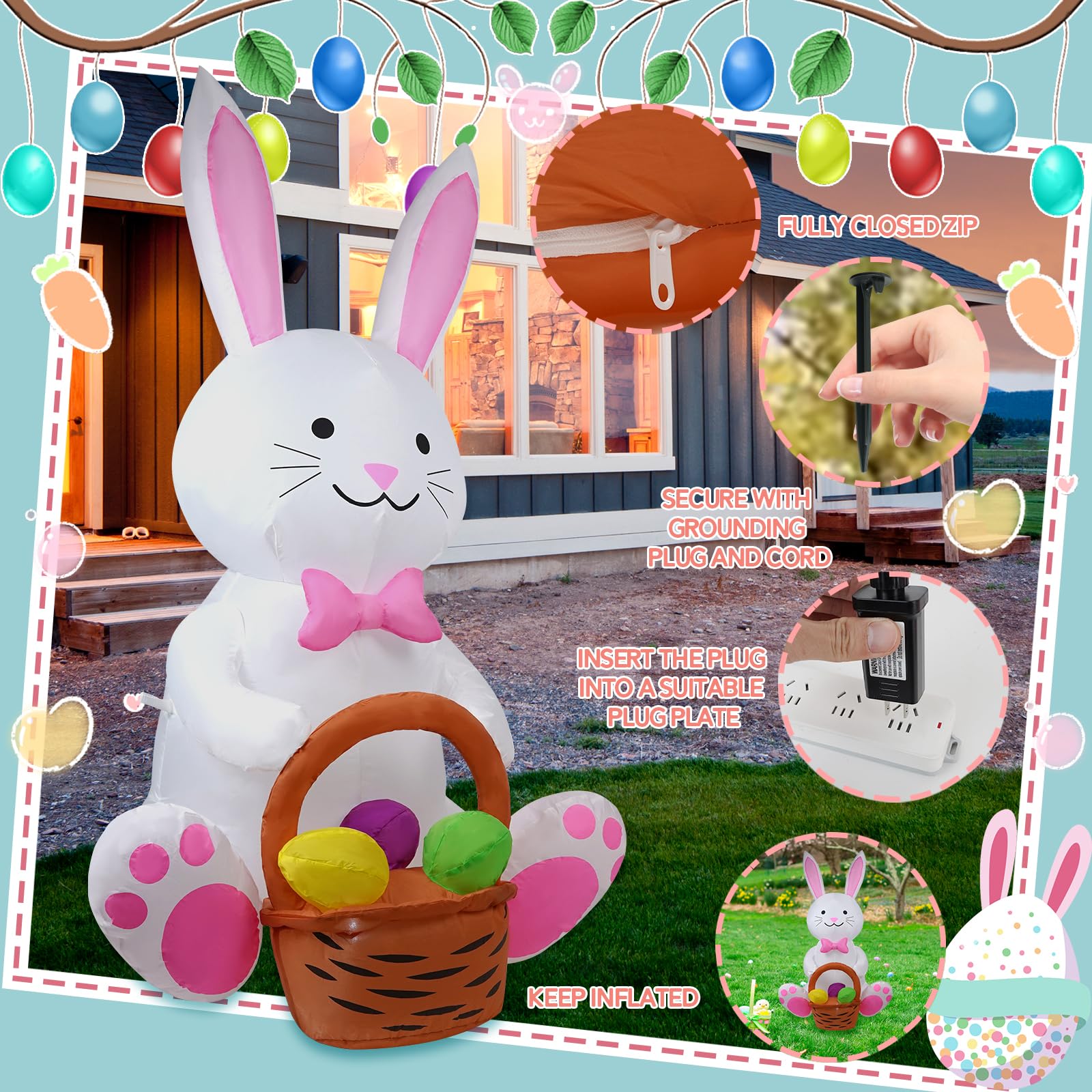 SHDEJTG bunny with flower basket closeup shows vivid colors for garden decor.