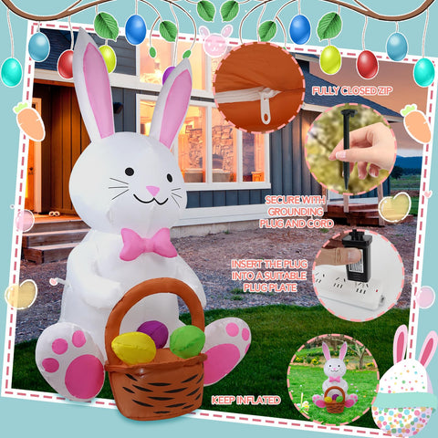 SHDEJTG bunny with flower basket closeup shows vivid colors for garden decor.