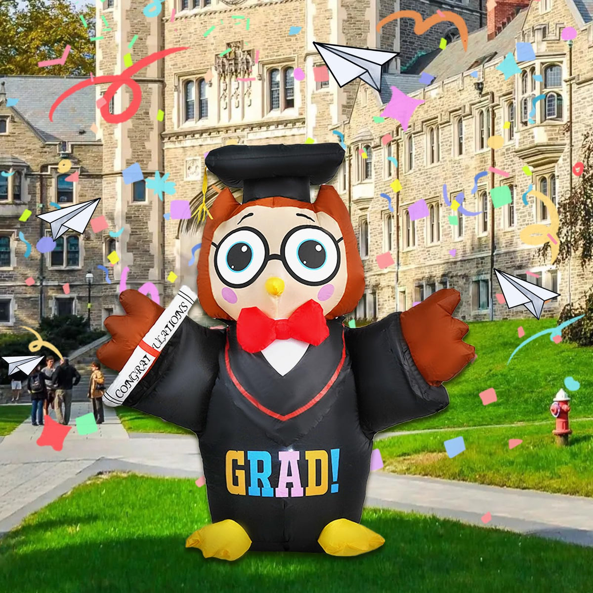 SHDEJTG graduation owl inflatable with bright LED lights for outdoor display.