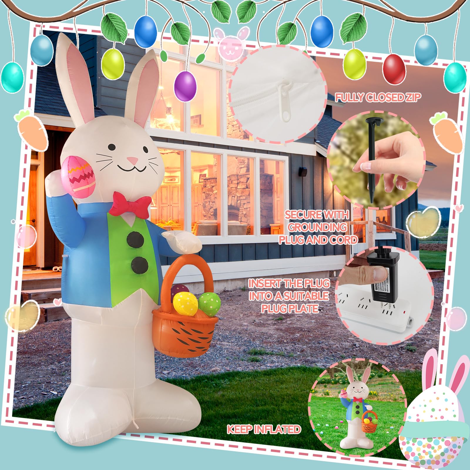 SHDEJTG LED-lit Easter bunny inflatable glowing at night