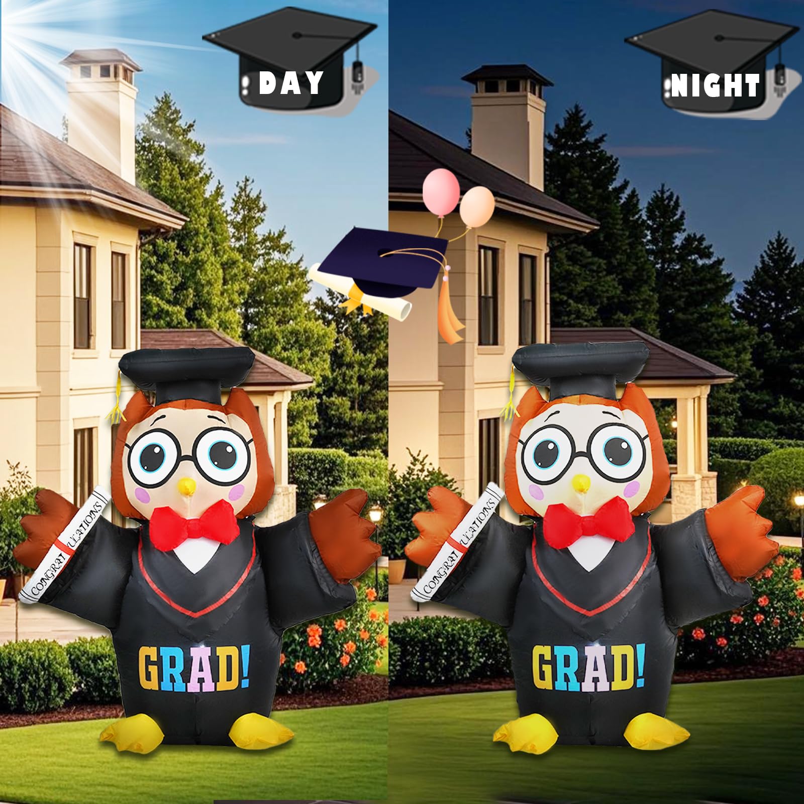 SHDEJTG LED-lit owl inflates night-time graduation display.