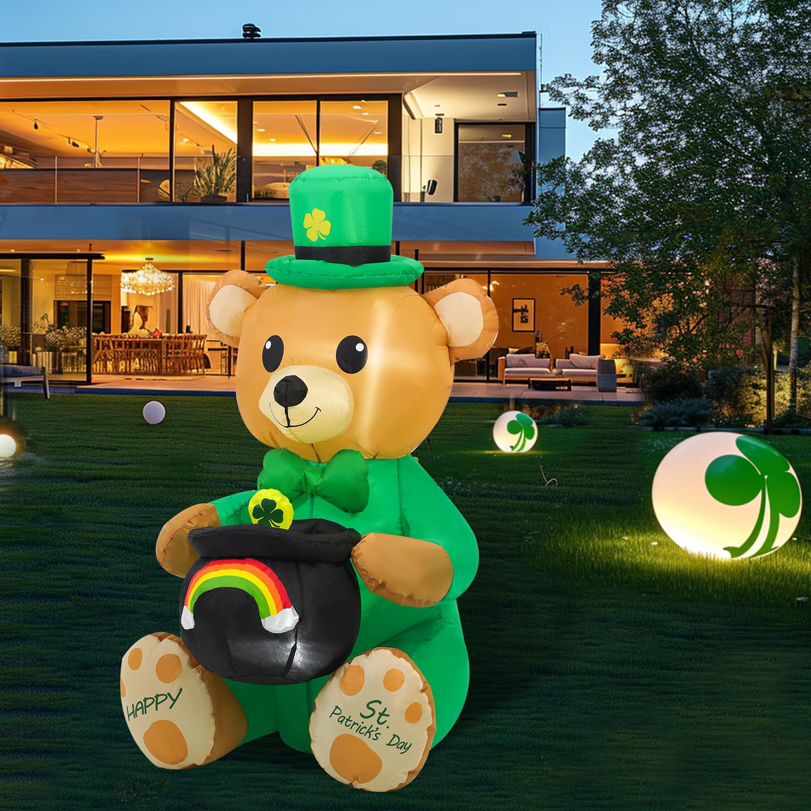 SHDEJTG inflatable bear with rainbow jar secured to ground with stakes for outdoor use.