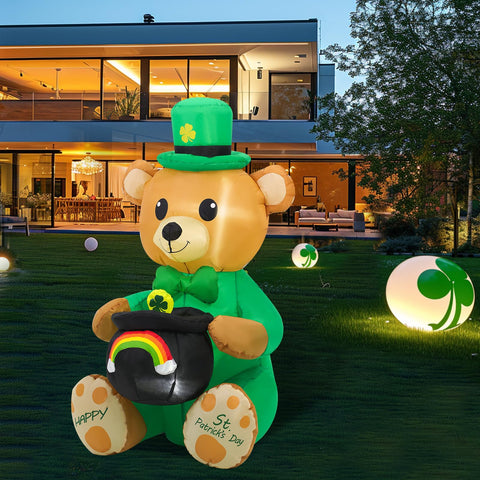 SHDEJTG inflatable bear with rainbow jar secured to ground with stakes for outdoor use.