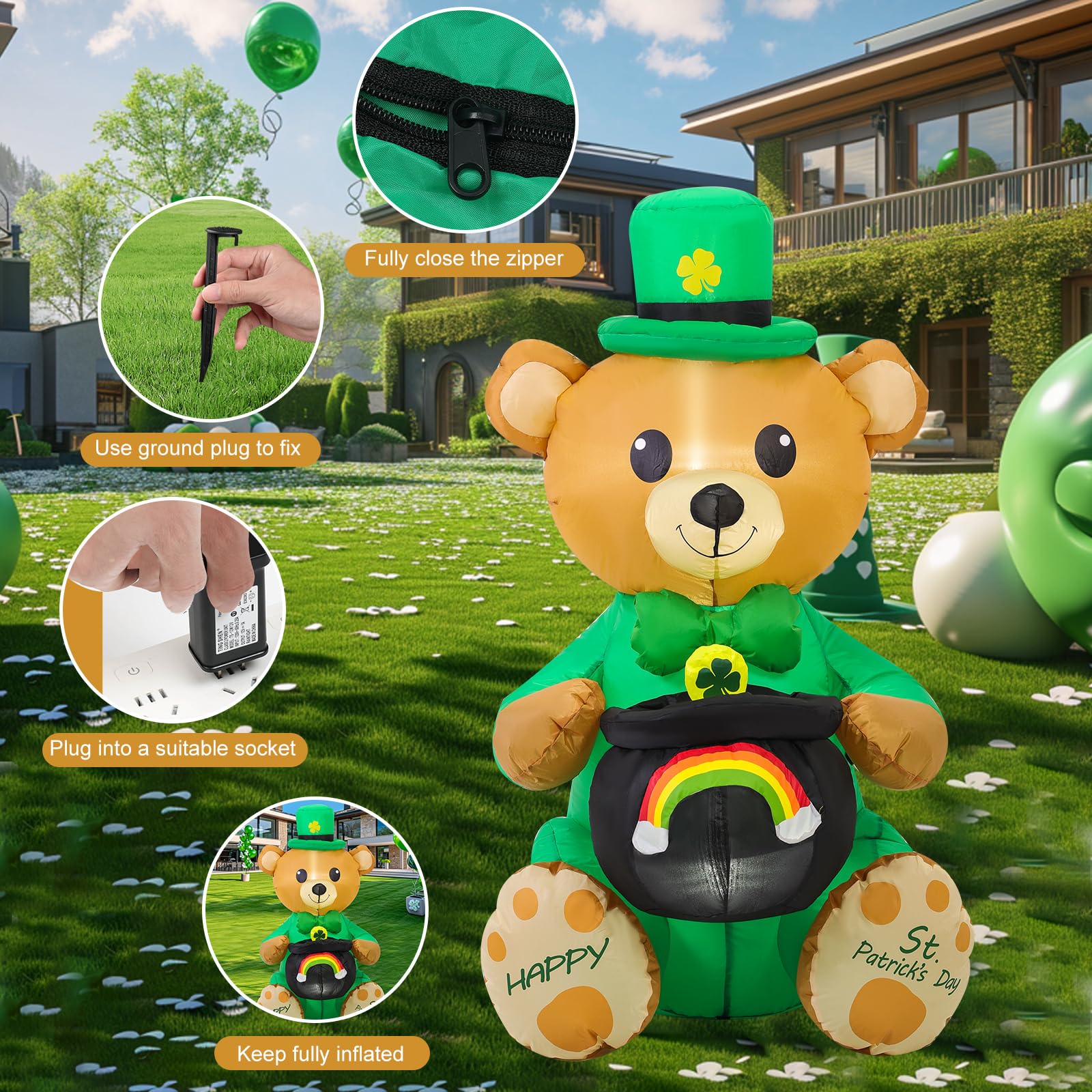 SHDEJTG St Patrick's Day inflatable bear holds rainbow jar in outdoor yard setup.