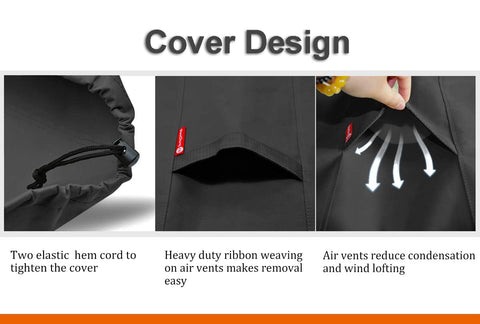 Black outdoor fire pit cover on a patio setting for year-round protection.