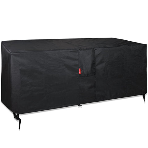 SheeChung fire pit cover front view protects a 58x28 inch table from rain and debris