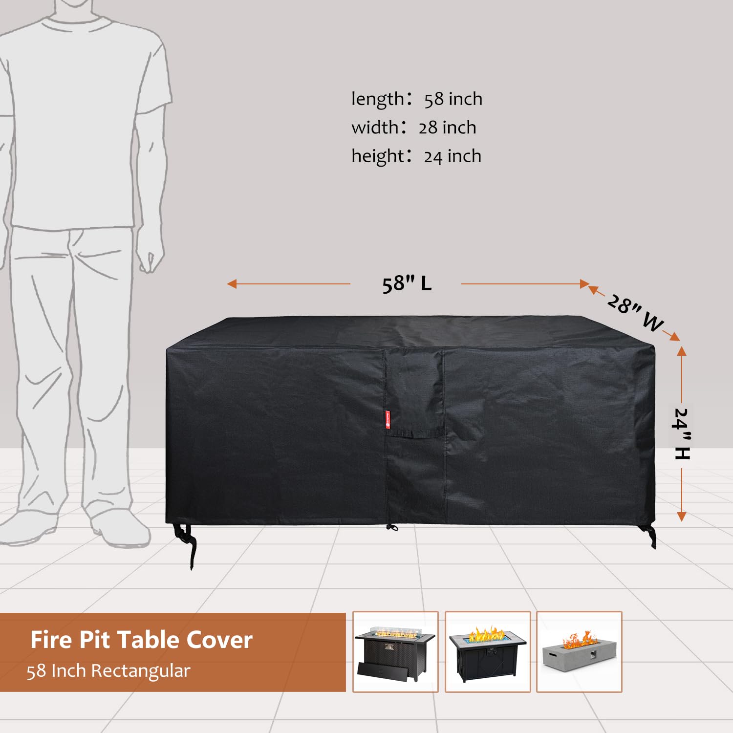 SheeChung fire pit cover side view with secure buckle and drawstring for a snug fit